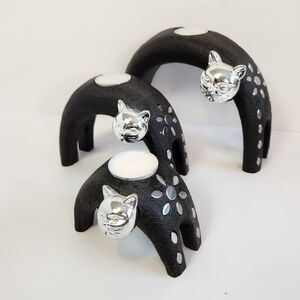Vintage Black Silver Cat Lady Candle Holder Set Cats Unique Weird Eclectic 90s